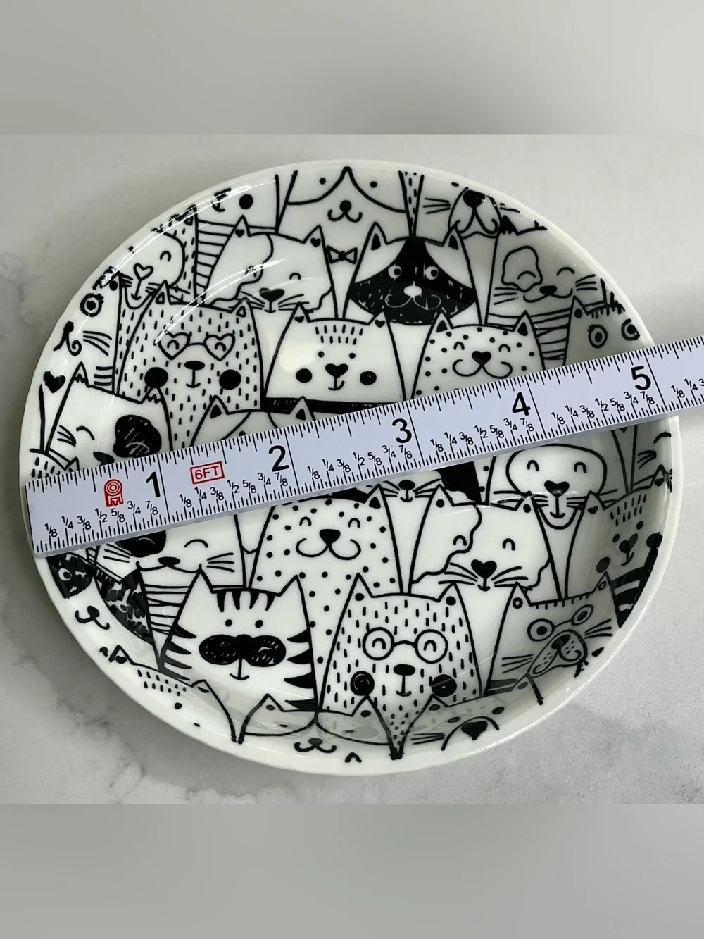Cat Plate or Cat Dish Dessert Plate Ceramic 5” Kitten Faces White Black NEW